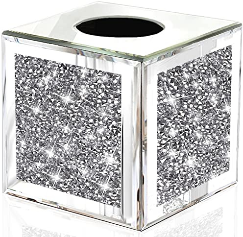 Wocred Quadratische verspiegelte Taschentuchbox, Kristall-Diamant-Tücherbox, silberfarben, luxuriöser Taschentuchhalter für Taschentücher im Badezimmer oder Servietten auf einem Tisch. (14 x 14 x 14