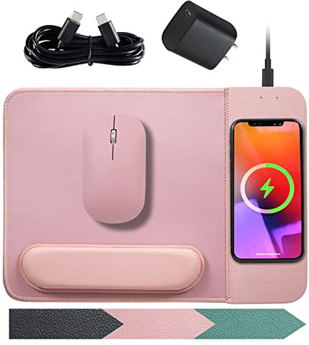 VIVIYA 15W Wireless Charging Mouse Pad with Detachable Wrist Support and 20W Power Adapter, Fast QI Wireless Phone Charger Mouse Mat for iPhone 14/13/12/11/X/8 and Samsung Multiple Devices (Pink)