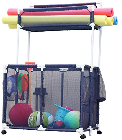 Pool Bins Pool-Aufbewahrungs-Organizer-Halter – Nudeln, Spielzeug, Bälle und Schwimmer, Netzstoff, Doppeldecker, groß mit Nudelregal, (58,4 cm L x 89,7 cm B x 150,9 cm H), blau/weiß
