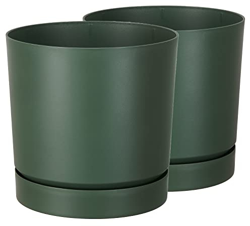 Tymar Macetero con plato, paquete de 2 unidades, maceta decorativa de plástico, forma redonda, moderna, para interiores (40 cm de diámetro, 2 unidades), color verde