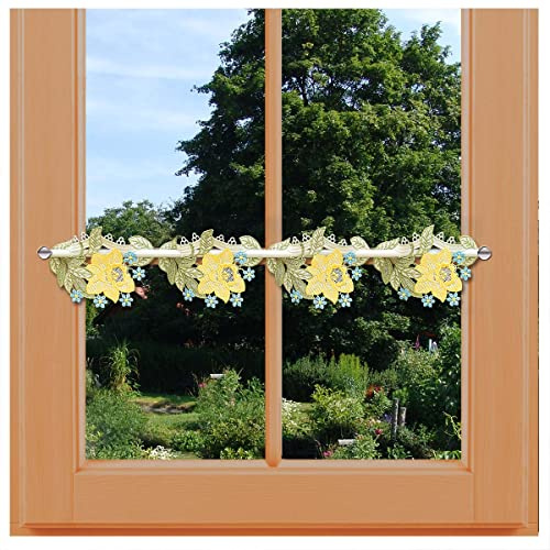 Feenhaus-Scheibengardine Narzisse Vogtländische Spitze Frühlingsdeko | bunte Spitzengardine mit Blumen-Motiv | Fenster-Dekoration für Frühling und Ostern mit Osterglocke | Höhe x Breite 12 x 64 cm