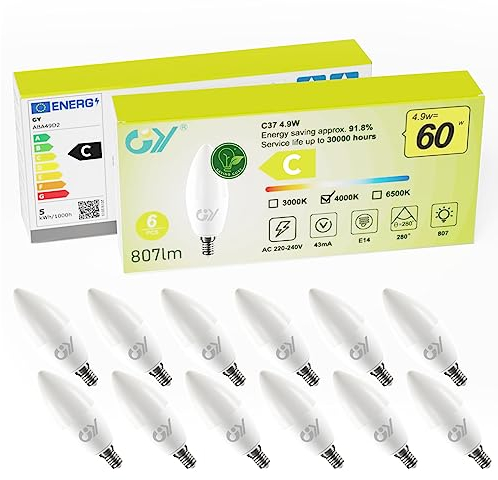 GY Lampadine LED E14, 4.9W (equivalenti a 60W), 807 Lumen, 4000K Bianco Neutro, Risparmio Energetico E14 LED, Lunga Durata, Basso Consumo,Non Dimmerabile, 12 pezzi