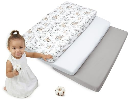 Medi Partners Lenzuola Lettino Set 3 Neonato 60x120-100% Cotone Lenzuolo con Angoli Culla Coprimaterasso fitted Materassino Sheet Letto Bambino Lenzuolino (Cervo E Scoiattolo-Bianco-Grigio)