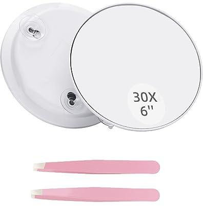 Miroir grossissant 30x avec ventouses, avec 2 clips à sourcils roses, miroir grossissant pour le maquillage, miroir grossissant 30x, adapté pour la chambre à coucher et les voyages, 15,2 cm