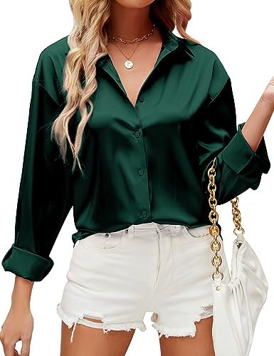 HANERDUN Blusas Mujer Elegantes Camisas Manga Larga Camiseta Raso Color Liso Top Fiesta Empresa Casual