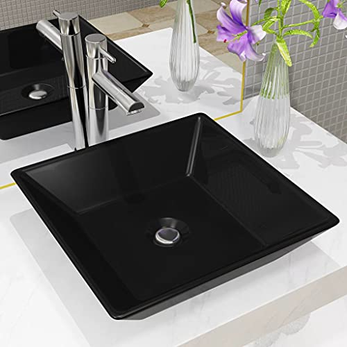 Homgoday Waschbecken Keramik Quadratisch Schwarz 41,5 x 41,5 x 12 cm Waschschale Waschtisch Waschplatz Handwaschbecken Aufsatzwaschbecken für Badezimmer und Gäste-WC