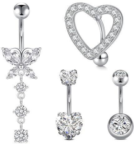 JFORYOU 14G Bauchnabelpiercing Chirurgische Edelstahl Herz CZ Blume Schmetterling Baumelnden Bauchpiercing Nabelpiercing Piercing Schmuck für Frauen Gold Silber