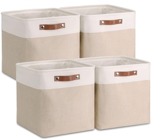 VIIHTYISA Caja de Almacenamiento de Tela, Juego de 4 Cubos de 30x30x30cm, Cajas de Almacenamiento con Asa de Imitación de Piel para Armarios, Estanterías y Ropa, Color Caqui y Blanco