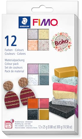STAEDTLER FIMO Effect Materialpackung 8013 C ofenhärtende Modelliermasse Bohoo Colours, weich und geschmeidig, Kartonetui mit 12 Halbblöcken (sortierte Farben), 8013 C12-5