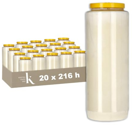 KRISTEN Bougie de neuvaine 9 jours – 216 heures de combustion – Blanc – Lot de 20 pièces – Pack économique – Bougie funéraire, bougie commémorative