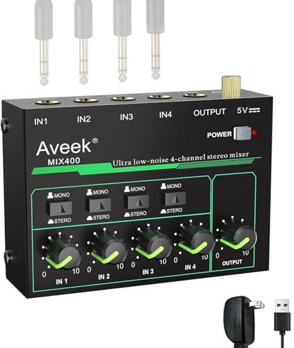 Aveek Mini Line Audio Mixer - Mixer audio piccolo a 4 canali con commutazione stereo/mono e funzionamento a basso rumore per sub-missaggio di precisione, ingresso/uscita TRS da 1/4, ideale per