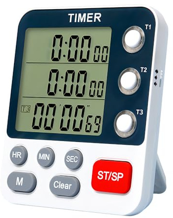 Digitaler Küchentimer, 3 Kanäle Magnetisch Stoppuhr Timer, Countdown/Stoppuhr Kochen Timer mit intelligente Speicherfunktion und 3-stufige Lautstärkeregelung für Kochen, Sport, Studieren