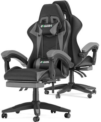 Ergonomic Gaming Chair with Footrest for Adults (With Footrest, Grey) | Height Adjustable,Reclining,Headrest,Lumbar Support,Armrests,360°-Swive,PU Leather