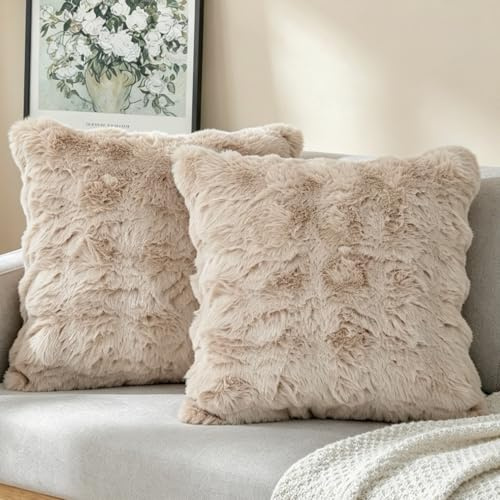 NIULAA Pack of 2 Thick Fluffy Faux Fur Housse de Coussin Doux Modern Moroccan Style Coussin Decoratif for Bedroom Sofa 40x40 Beige Taie Oreiller Rectangulaire