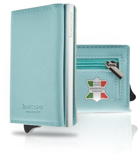 1ONESPO kartenetui damen, Saffiano-Echtleder Meerwasser, MAGNETIC, Modern