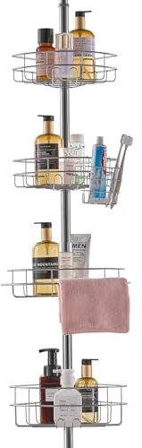 VEVOR Barra de Tensión Multifuncional para Ducha de Esquina con Bandeja Resistente a la Carga, Resistente a la Oxidación y Fácil de Instalar, para Baños y Aseos, 323 x 233 x 2895 mm, 4 Capas, Plata