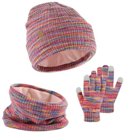 GWAWG Set Cappello Invernale Sciarpa Guanti per Bambini 3 PCS Caldo Termico Berretto Lavorato a Maglia Snood Scaldacollo Muffole Touchscreen con Fodera in Morbido Pile Elastico per Bambini dai 5-12