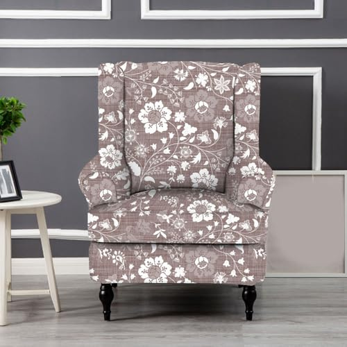 Chickwin 2-Teiliges Set Stretch Waschbarer Ohrensessel Überzug, Moderner Stil Sesselbezug, Pflanzendruck Sessel Überzug für Wohnzimmer Schlafzimmer (Blume)