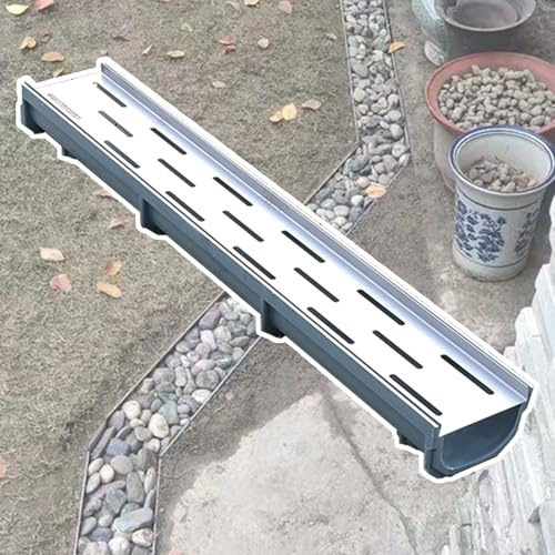 Tapa Desague Terraza Desagüe de Entrada para Patio y Rejilla de Acero Inoxidable, Sistema de Drenaje de Zanja de Alta Resistencia con Guijarros Rellenables, Kit de Drenaje de Canal Francés para Patio(