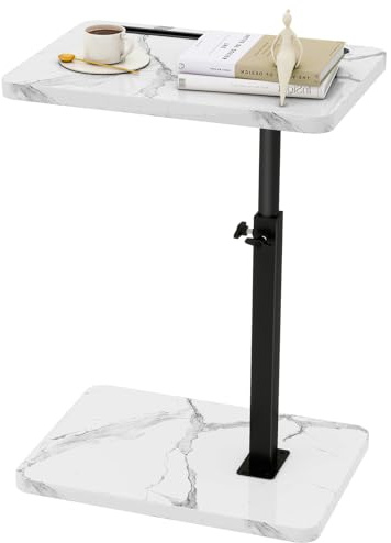 IBUYKE Tavolino a forma di C, girevole a 360°, regolabile in altezza, per stanze strette, con slot per telefono e tablet, per soggiorno, camera da letto, effetto marmo bianco TVT003BW