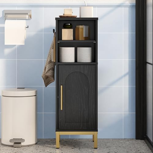 Hzuaneri Badezimmerschrank, Schmaler Toilettenschrank mit Verstellbaren Einlegeböden, 26,2 x 26,4 x 80 cm, Badezimmer-Organizer mit Offenem Stauraum, Badschrank mit Haken, Schwarz SC06304G