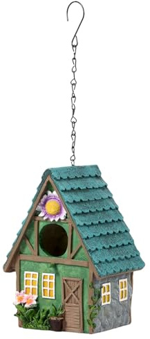 Casa de pájaros decorativa de madera, se puede colgar, villa para pájaros resistente a la intemperie, con gancho de metal, nido para aves silvestres, ramas, barandilla, aleros de techo, jardines