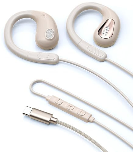 fesoklaf Auriculares de oído abierto con cable USB C con ganchos para las orejas, auriculares para correr con micrófono y control en línea, conducción de aire, auriculares estéreo con cable para