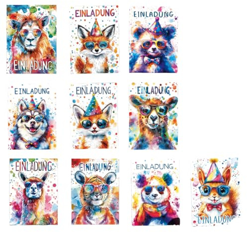 KEMUZ 10 Pezzi Squisiti Biglietti D'Invito Per Compleanni Con Animali In Stile Pittorico, Invito Di Compleanno, Cartoncino D'Invito Compleanno Bambina, Per Festa Di Compleanno Bambini