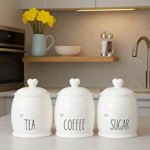 ONE BEST DEAL OBD White Ceramic Tea Coffee Sugar Canister Set Airtight Storage Jars with Heart Lid Handles for Modern Kitchen Decor