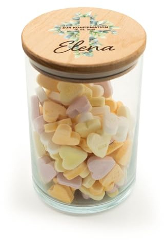 GRAVURZEILE Vorratsglas mit bedrucktem Holzdeckel - Konfirmation Kreuz - Personalisiert mit Name & Datum - Keksdose Bonbonglas mit Deckel - Vorratsdose - Geschenk für Kinder zur Konfirmation - 880 ml