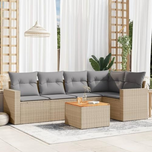 Teenpull 6-TLG. Trädgårdsmöbelset, beige polyrattan loungesoffa med förvaring, akaciaträbord, UV-resistent, väderbeständig för terrass, balkong, utomhus