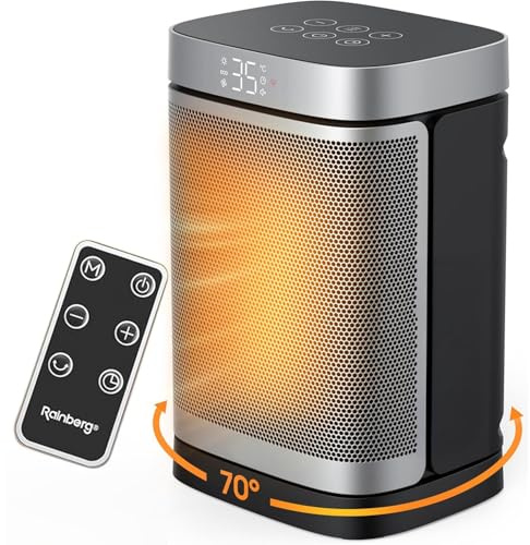 Rainberg Electric Space Heater, 1500W PTC Ceramic Heater with Thermostat, 70° Oscillating Portable Heaters for Home, Low Energy Digital Display, 3-Mode 3-Speed, 1-12H Timer with Remote, Overheat & Tip