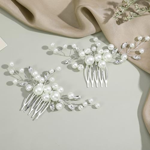 DOPENSPI 2PCS Pearl Wedding Hair Comb, Rhinestone Pearl Hair Accessories Crystal Hairs Pieces Bridal Hairs Clips for Women and Brides Bridesmaid