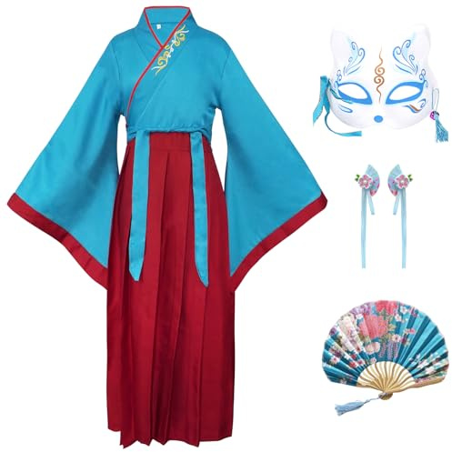 CRFASIBE Hanfu-dräkter för barn, kinesiska traditionella kläder, pojkar flickor kinesisk Cheongsam antik cosplay kostym med håraccessoarer, Påfågelsblå, 130 cm