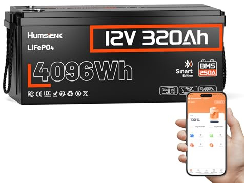 HumsiENK 12V 320Ah LiFePO4 Battery Built in 250A BMS, 4096Wh Lithium Leisure Battery with Bluetooth and Low Temp Protection or Motorhome, Caravan, Solar Power
