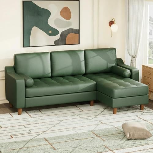 GarveeHome 88.9 L-Shape Sofa&Couch with Convertible Chaise, Sectional Sofa with Deep Seat, Modern Mid-Century Sofa for Living Room, 3 Seat Comfy Leather Couch, Green