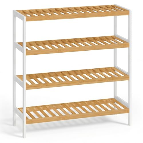 SONGMICS Bamboo Shoe Rack, Shoe Rack with 4 Tiers, Shoe Rack Organizer for Shoes Plants Books, Entrance Living Room Bedroom, 26 x 70 x 75.5 cm, White and Natural LBS007KZ01