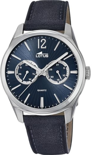 LOTUS Reloj Hombre Analógico de Cuero Azul - Movimiento de Cuarzo - Cristal Mineral de Alta Resistencia - Resistente al Agua 5 ATM Elegante - Multifunción 18374/3 Special Prices