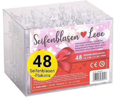 WOMA Bulles de Savon de Mariage Set 2x48 pièces I Set avec tiges & Liquide I Bulles de Savon Love Edition dans Une boîte Cadeau I avec poignée en Forme de cœur I Set de Bulles déco Mariage