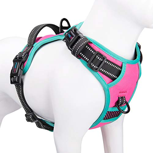 PHOEPET 2019 Anti-Zieh-Hundegeschirr, verbessert, reflektierend, verstellbar, mit Trainingsgriff, 2 Metall-Leinenhaken, 3 Schnappschnallen, 4 Schiebeschnallen (XS, Rosa)