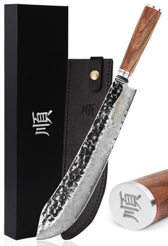 YOUSUNLONG Couteau Boucher 30,5cm Couteau à découper de Chef - Damas Japonais - Couteau à Steak Cimeter - Manche en Bois de Noyer - pour Couteau à Viande Cimeter Steak