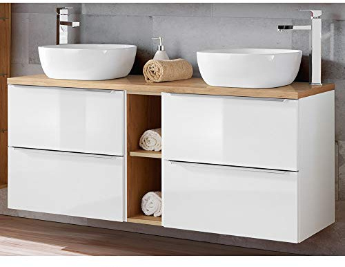 Lomadox Doppel-Waschtisch Set, Unterschrank Hochglanz weiß Wotaneiche, 2 Keramik-Waschbecken, 4 Softclose-Schubkästen, Regal, B/H/T ca.: 141/74,5/46 cm