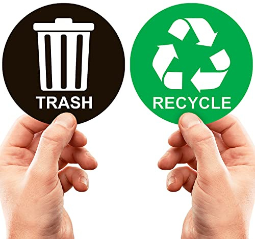 ASSURED SIGNS Recycle Stickers for Bins, 5 by 5, 2 Sets | Eliminates Confusion for Guests, Saves Time & Effort, Protects Environment, Premium Vinyl, Weatherproof & UV Protection