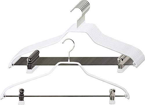 MAWA Kleiderbügel, 10 Stück, platzsparende Universalbügel mit Klammernsteg für Hosen, Röcke und Tops, hochwertige Antirutsch-Beschichtung, 41 cm, Weiß
