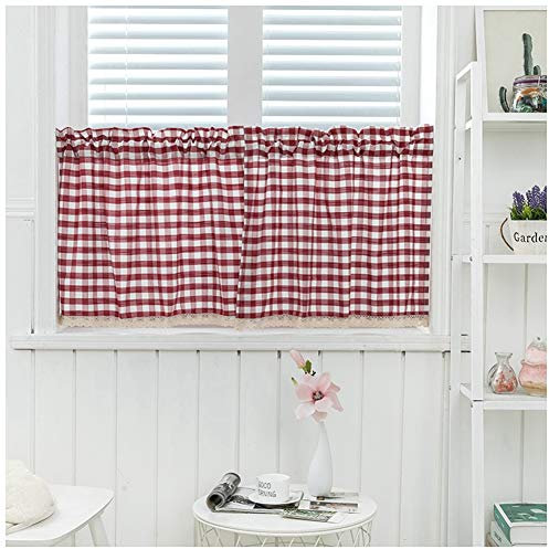 DAIHAN Kurzstores Gardinen Küche Kurz Fenster Küchengardine Scheibengardine Bistrogardine Landhausstil Modern Vintage Vorhänge Kurzvorhang Kariert Fensterdekoration,Weinrot,135x60cm(53x23)(1er Pack)