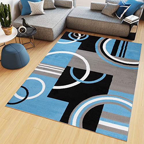 TAPISO Maya Kollektion Teppich Kurzflor Modern Vierecke Kreise Streifen Figuren Design Schwarz Grau Blau Weiß Wohnzimmer Schlafzimmer Büro ÖKOTEX 80 x 150 cm