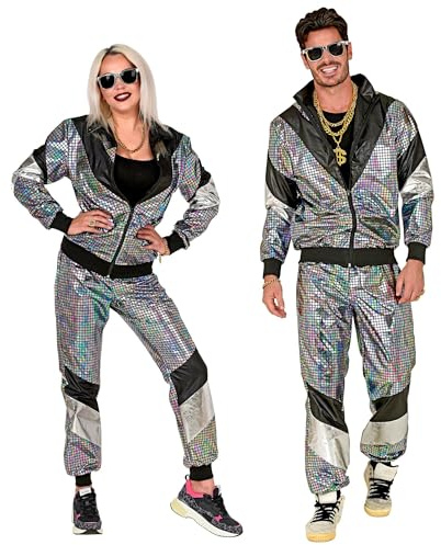 W WIDMANN MILANO Party Fashion - Survêtement fantaisie, style disco, tenue des années 80, survêtement de jogging pour le carnaval et les fêtes, Argent, XXL