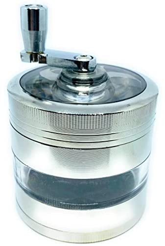GRINDER manivelle à poignée manuel 4 parties 63 mm de diamètre en métal zinc avec une partie transparente fenêtre transparent très original moulinette moulin à épices (Bleu)