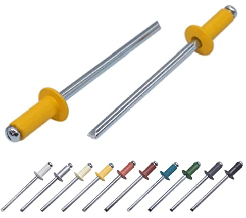 Paquete de 100 remaches ciegos pintados de 3,2 x 8 mm, cabeza de cúpula, DIN 7337, remache de aluminio y mandril de acero, remaches pop (100, amarillo señal RAL 1003)