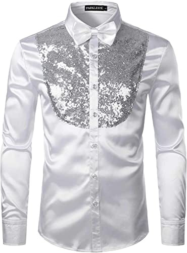 PARKLEES Herrenhemd aus glänzendem seidenähnlichem Satin, langärmelig, für Party, Disco, Abschlussball, S